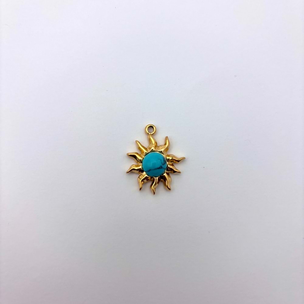 Gold Turkuaz Taşlı Dalgalı Güneş Kolye Ucu 16 mm-1 Adet