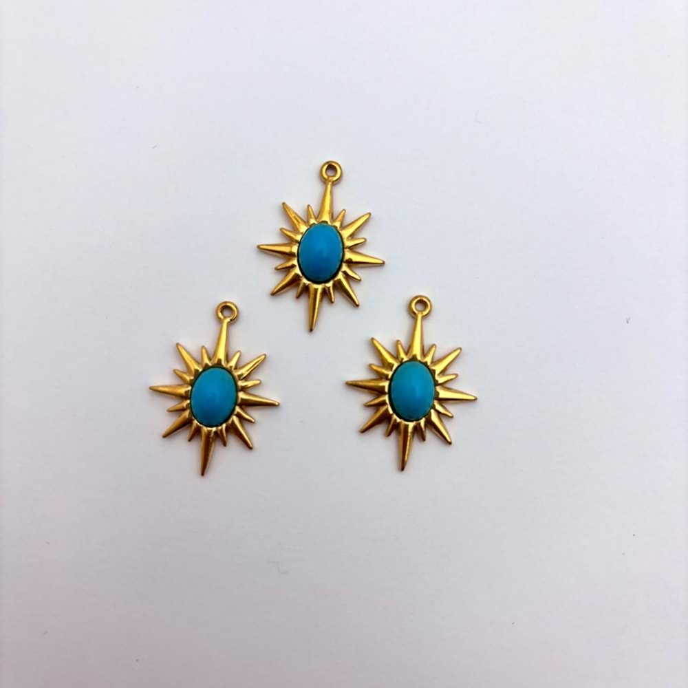 Gold Turkuaz Taşlı Yıldız Güneş Kolye Ucu 16 mm-1 Adet