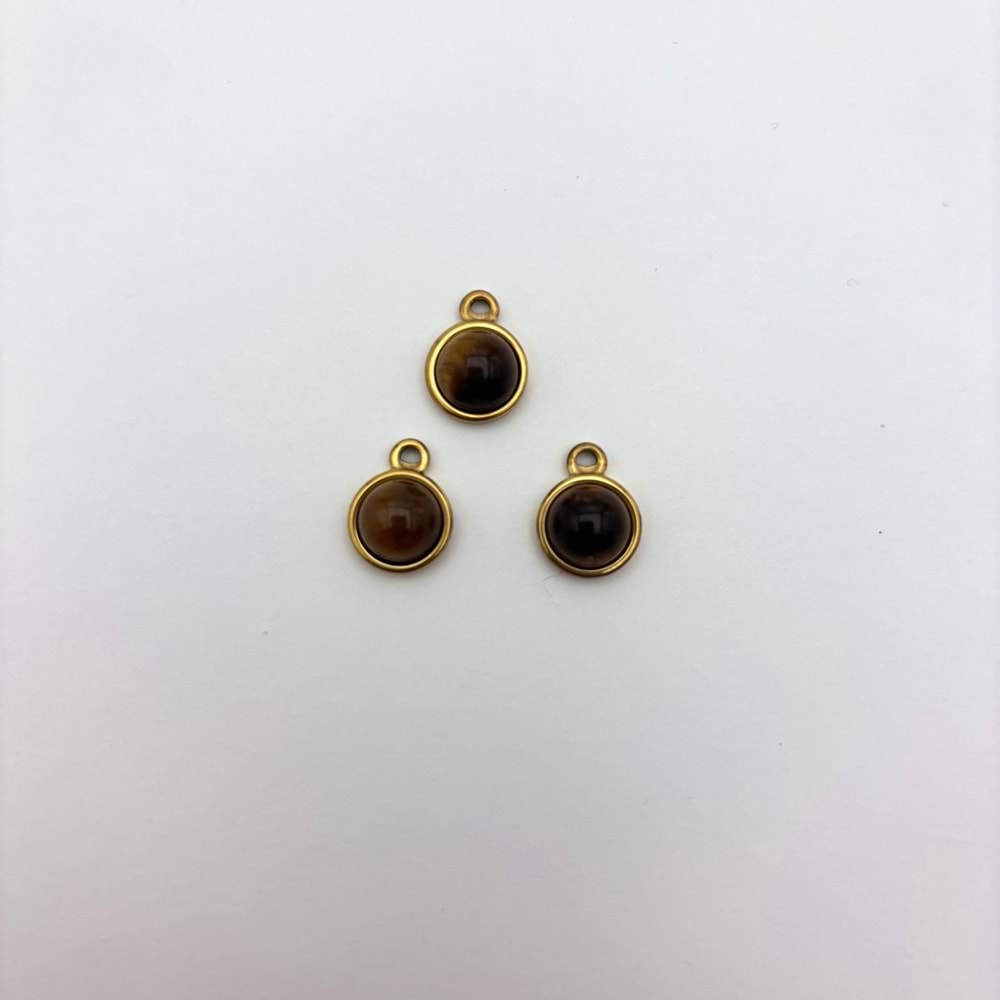 Gold Çerçeveli Kahverengi Doğal Taş Kolye Ucu 8 mm-1 Adet