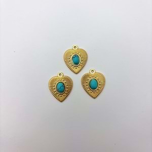 Gold Turkuaz Taşlı Vintage Kalp Model 16 mm 1 Adet