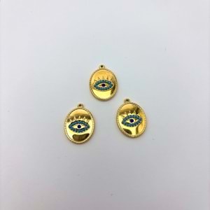 Gold Nazar Boncuklu Oval Madalyon Model 12 mm 1 Adet