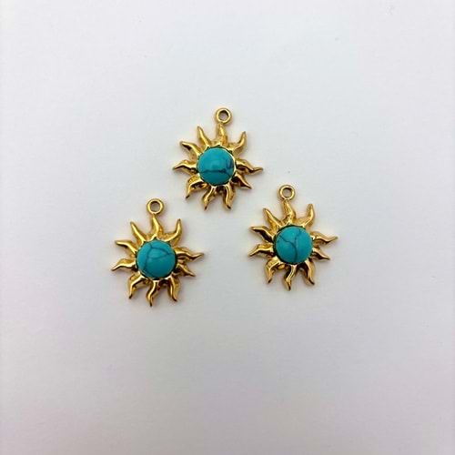 Gold Turkuaz Taşlı Dalgalı Güneş Kolye Ucu 16 mm-1 Adet
