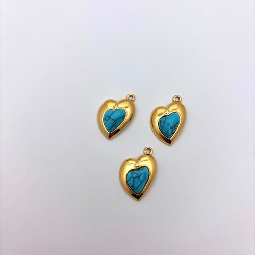 Gold Çelik Turkuaz Taşlı Kalp Takı Ucu 14 mm-1 Adet
