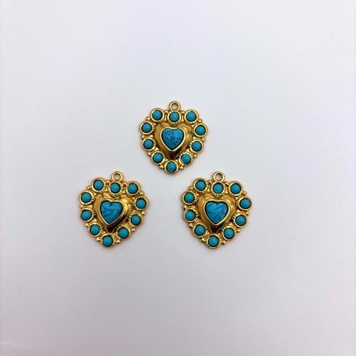 Gold Turkuaz Kalp Çerçeveli Kolye Ucu 18 mm-1 Adet
