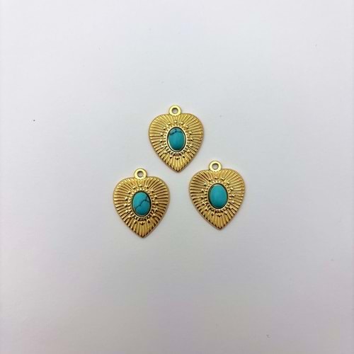 Gold Turkuaz Taşlı Vintage Kalp Model 16 mm 1 Adet