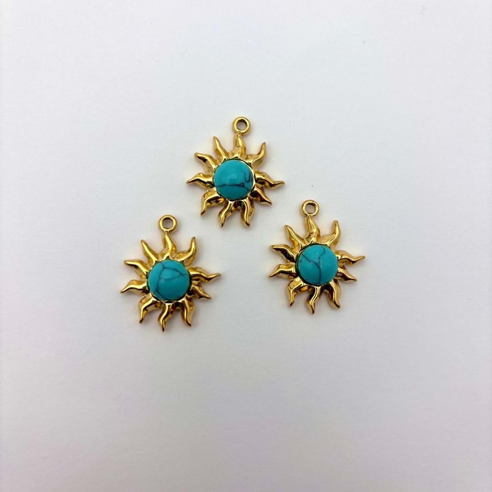 Gold Turkuaz Taşlı Dalgalı Güneş Kolye Ucu 16 mm-1 Adet