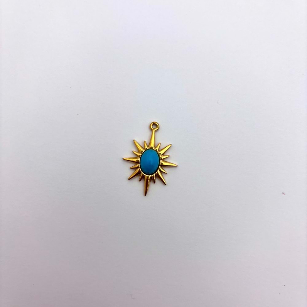 Gold Turkuaz Taşlı Yıldız Güneş Kolye Ucu 16 mm-1 Adet
