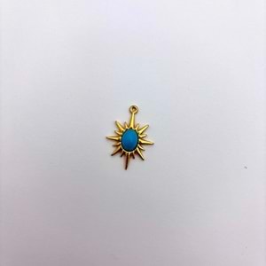 Gold Turkuaz Taşlı Yıldız Güneş Kolye Ucu 16 mm-1 Adet