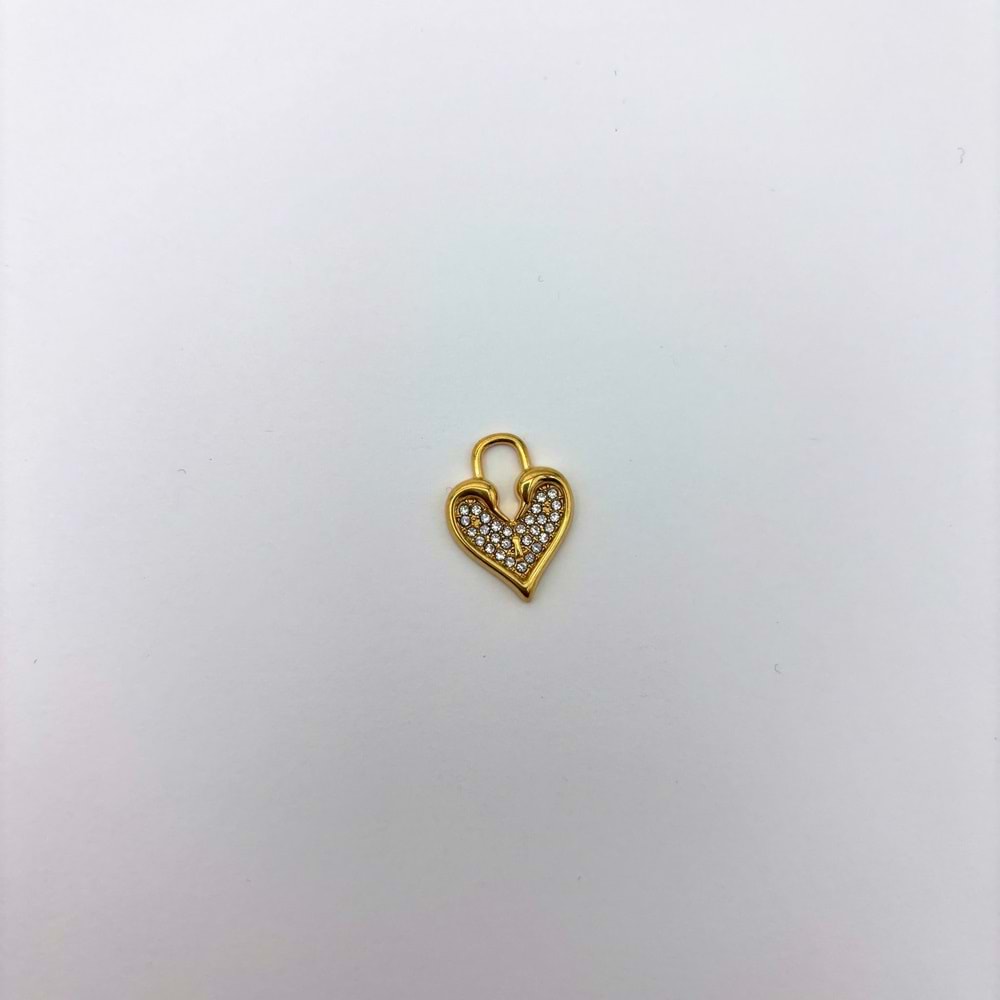 Zirkon Taşlı Gold Kalp Kilit Kolye Ucu 6 mm-1 Adet