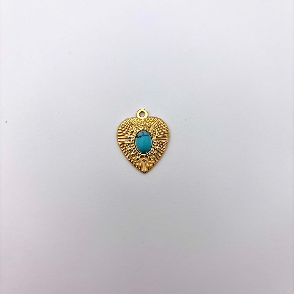 Gold Turkuaz Taşlı Vintage Kalp Model 16 mm 1 Adet